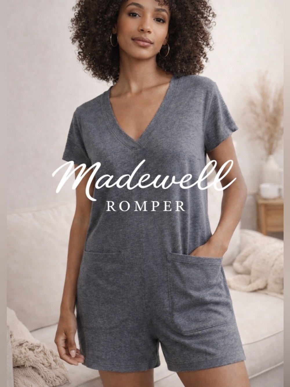 Madewell Cotton Romper Gray V Neck Pocket Lounge Minimal XS